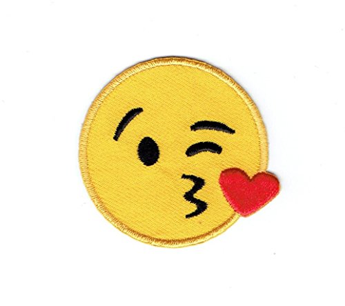 0747090300312 - SMILEY FACE EMOJI BLOWING KISS ON CHEEK - IRON ON APPLIQUE - EMBROIDERED PATCH