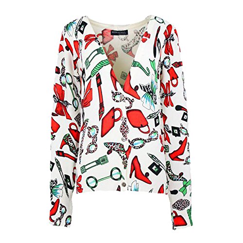 0747180332087 - WOMEN'S PETITE COLORFUL FASHION ACCESSORIES PRINTING V-NECK CARDIGAN SWEATER