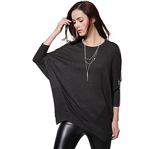 0747180333039 - WOMEN'S LOOSE SOLID COLOR IRREGULAR BATWING-SLEEVE PULLOVER SWEATER DEEP GREY