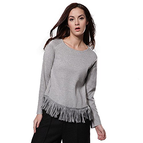 0747180333114 - WOMEN'S PETITE SOLID COLOR TASSELS PULLOVER SWEATER LIGHT GREY