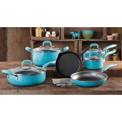 0747207510368 - THE PIONEER WOMAN VINTAGE SPECKLE 10-PIECE NON-STICK PRE-SEASONED COOKWARE SET, TURQUOISE DISHWASHER SAFE