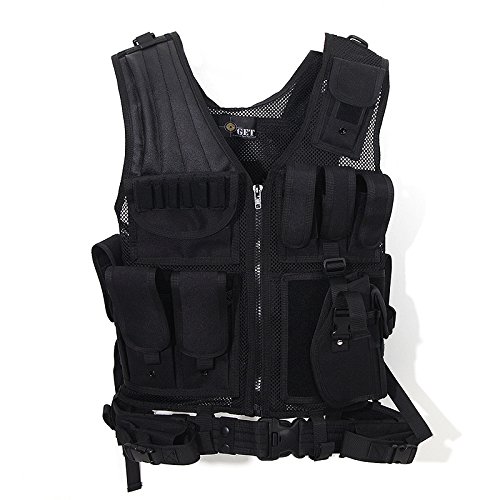 0747269255641 - GOLDEN EYE MILITARY COMBAT ASSAULT OUTER ARMY PROTECTION VEST OUTDOOR GAME VEST SWAT ARMY TACTICAL VEST WITH BELT SAFETY VEST W/RIGHT HAND PISTOL HOLSTER (BLACK)