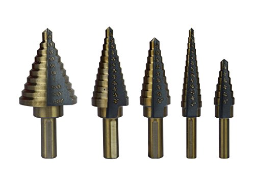 0747380759080 - TITANIUM HSS STEP DRILL BITS SET WITH 1/4-INCH AND 3/8-INCH SHANKS BY HILLO, SAE, 5-PIECE WITH ALUMINUM PROTECTIVE CASE