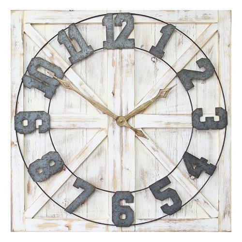 7477135201412 - STRATTON HOME DECOR - S11545 RUSTIC WOOD AND METAL FARMHOUSE MOUNTED WALL CLOCK - WHITE