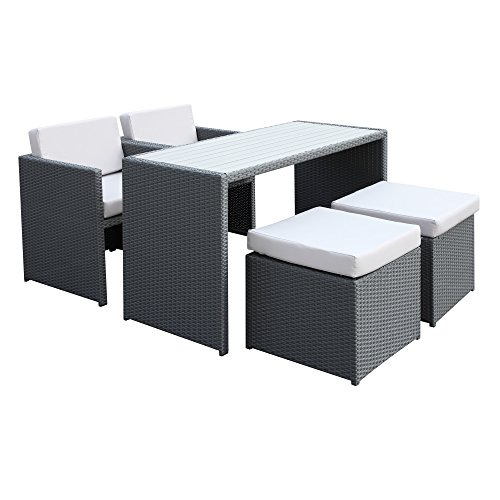 0747865046193 - OUTDOOR PATIO DINING SET (5 PIECES) IN GREY WICKER WITH ALUMINUM FRAMES AND OFF-WHITE CUSHIONS - SET INCLUDES 2 ARM CHAIRS, 2 OTTOMANS AND 1 RECTANGLE TABLE WITH WOOD PLANK TOP