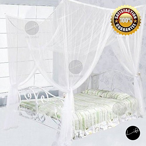 0748439328653 - LIFE FOUR CORNER POST BED WHITE CANOPY MOSQUITO NET FULL QUEEN KING SIZE NETTING