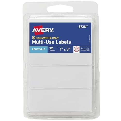 7487993759390 - AVERY REMOVABLE LABELS, RECTANGULAR, 1 X 3 INCH, WHITE, PACK OF 72