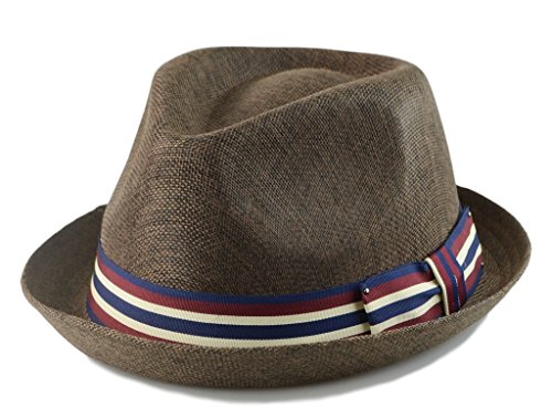 0748809674847 - MENS SUMMER FEDORA HAT TURNED UP SHORT BRIM STRIPED BAND S/M, L/XL 4COLORS ((L/XL) 23IN / 7 3/8 / 59 CM, BROWN)