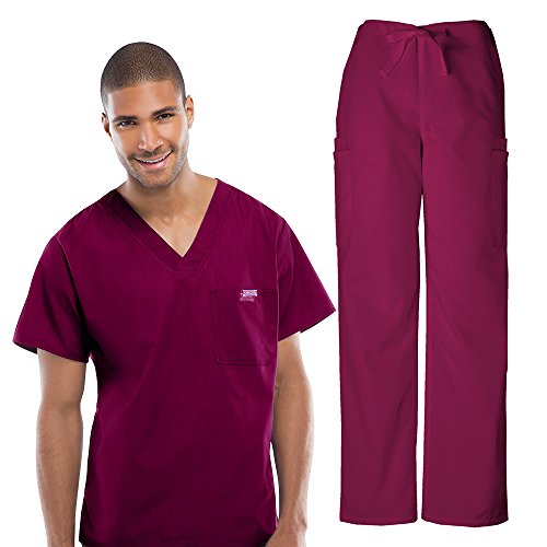 0749273892904 - CHEROKEE WORKWEAR MENS V-NECK TOP 4789 AND CHEROKEE WORKWEAR MENS DRAWSTRING CARGO PANT 4000 (WINE - XXX-LARGE)