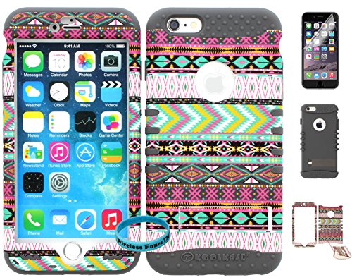 0749628594446 - IPHONE 6S CASE, WIRELESS FONES TM HYBRID TOUGH ARMOR KICKSTAND COVER NEW TRIBAL AZTEC SNAP ON OVER GREY SKIN FOR IPHONE 6 / IPHONE 6S-WIRELESS FONES TM WRISTBAND/SCREEN PROTECTOR INCLUDED.