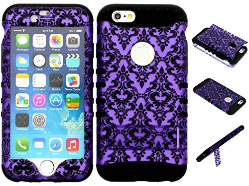 0749628615943 - IPHONE 6S CASE, WIRELESS FONES TM HYBRID TOUGH ARMOR KICKSTAND COVER PURPLE DAMASK FLOWER SNAP ON OVER BLACK SKIN FOR IPHONE 6 / IPHONE 6S