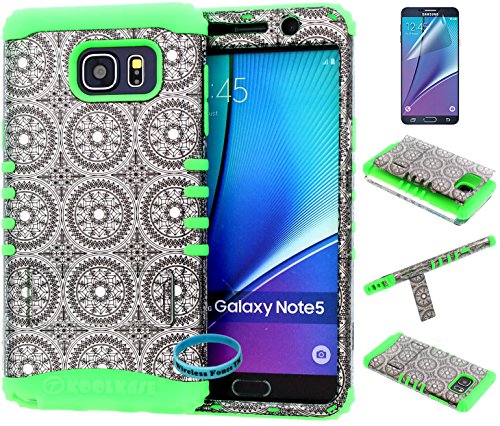 0749628616438 - GALAXY NOTE 5 CASE, WIRELESS FONES TM HYBRID KICKSTAND SHOCKPROOF IMPACT RESISTANT COVER GRAY CIRCULAR SNAP ON OVER GREEN SILICONE (WIRELESS FONES TM WRIST BAND & SCREEN PROTECTOR INCLUDED)