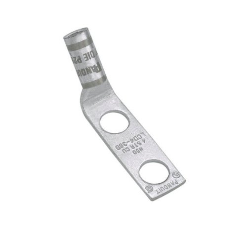 0074983973828 - PANDUIT LCD10-38DH-L CODE CONDUCTOR LUG, TWO HOLE, STANDARD BARREL WITH WINDOW, 45 DEGREE ANGLE, #14 - #10 AWG STR/#12 - #10 AWG SOL COPPER CONDUCTOR SIZE, 3/8 STUD HOLE SIZE, 1.00 STUD HOLE SPACING, 7/16 WIRE STRIP LENGTH, 0.04 TONGUE THICKNESS, 0.5