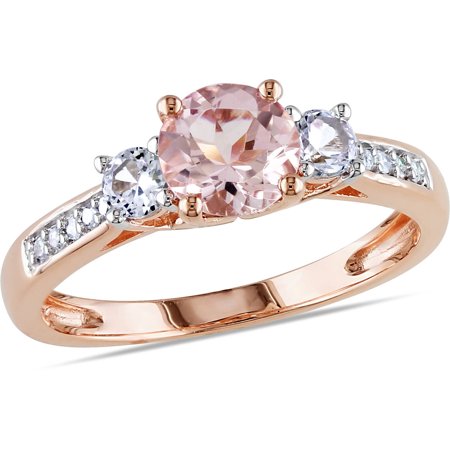 0750002817808 - TANGELO 1-1/7 CARAT T.G.W. MORGANITE, CREATED WHITE SAPPHIRE AND DIAMOND-ACCENT 10KT ROSE GOLD THREE-STONE RING
