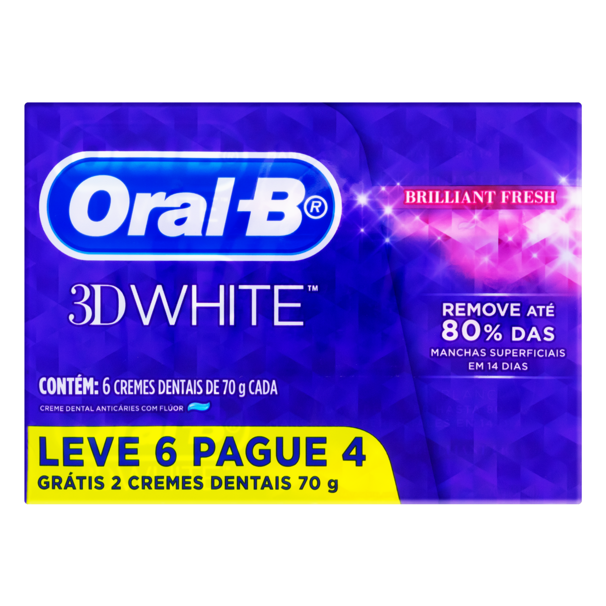 7500435134163 - PACK CREME DENTAL ORAL-B 3D WHITE BRILLIANT FRESH CAIXA 70G CADA LEVE 6 PAGUE 4 UNIDADES