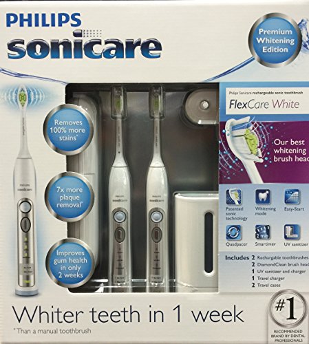 0075020049315 - PHILIPS SONICARE FLEXCARE WHITE PREMIUM WHITENING EDITION 2 PACK BUNDLE (2 FLEXCARE WHITENING EDITION HANDLES, 2 DIAMONDCLEAN BRUSH HEADS, 1 UV SANITIZER AND CHARGER, 1 COMPACT TRAVEL CHARGER, 2 HYGENIC TRAVEL CAPS, 2 HARD TRAVEL CASES)