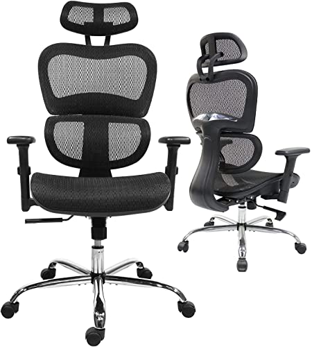 0750739479232 - OFFICE CHAIR ERGONOMIC COMPUTER CHAIRS WITH HEADREST, HOME OFFICE DESK CHAIR MESH HIGH BACK SWIVEL ROLLING TASK CHAIR WITH ADJUSTABLE ARMRESTS AND 3D LUMBAR SUPPORT (BLACK)