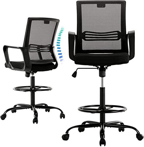 0750739479263 - DRAFTING CHAIR TALL OFFICE CHAIR ERGONOMIC SWIVEL ROLLING COMPUTER TASK CHAIRS MESH DESK CHAIR FOR COUNTER HEIGHT TABLE AND STANDING DESK WITH ARMRESTS AND ADJUSTABLE FOOT RING, BLACK