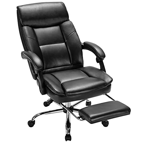 0750739623895 - OFFICE EXECUTIVE CHAIR WITH RETRACTABLE FOOTREST, BIG & TALL COMPUTER CHAIR ERGONOMIC LUMBAR SUPPORT PU LEATHER HIGH BACK DESK CHAIR, ALL DAY COMFORT HEIGHT ADJUSTABLE SWIVEL ROLLING CHAIR (BLACK)