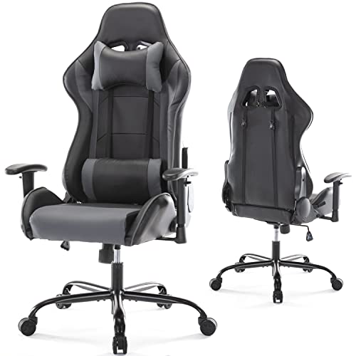 0750739624076 - GAMING CHAIR, OFFICE CHAIR ERGONOMIC RECLINING COMPUTER GAMING CHAIR HIGH BACK PU LEATHER HOME OFFICE DESK CHAIR WITH LUMBAR SUPPORT AND ADJUSTABLE ARMRESTS, BLACK/GREY