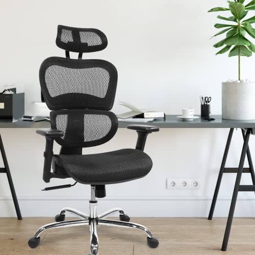 0750739842685 - ERGONOMIC OFFICE CHAIR, HIGH BACK MESH CHAIR COMPUTER DESK CHAIR WITH LUMBAR SUPPORT AND 3D ADJUSTABLE HEADREST AND ARMRESTS FOR HOME OFFICE, CONFERENCE ROOM, RECEPTION ROOM, GAMING ROOM (DARK BLACK)