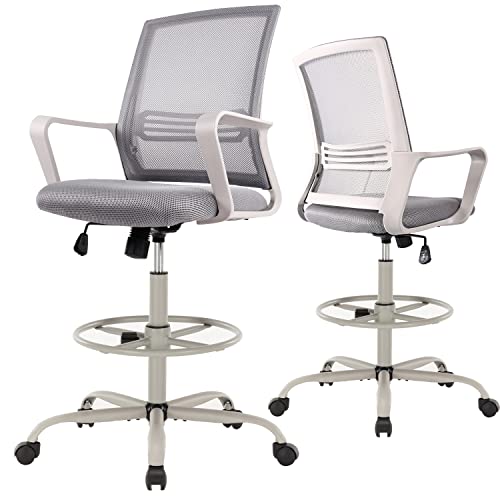 0750739842920 - EDX TALL OFFICE CHAIR, DRAFTING CHAIR STANDING DESK CHAIR WITH ADJUSTABLE HEIGHT AND FOOT-RING DRAFTING STOOL COUNTER HEIGHT OFFICE CHAIRS, GREY