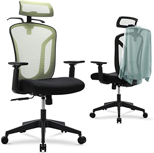 0750739843439 - OFFICE CHAIR, HIGH BACK MESH CHAIR ERGONOMIC HOME DESK CHAIR ADJUSTABLE HEADREST, AND ARMREST EXECUTIVE COMPUTER CHAIR WITH HANGER AND SOFT FOAM SEAT CUSHION LUMBAR SUPPORT, GREEN