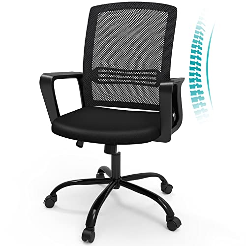 0750739844122 - OFFICE CHAIR DESK CHAIR HOME OFFICE COMPUTER CHAIR WITH WHEELS MESH OFFICE CHAIR WITH LUMBAR SUPPORT, MID BACK ERGONOMIC OFFICE DESK CHAIR WITH ARMRESTS ADJUSTABLE WORK CHAIRS, BLACK