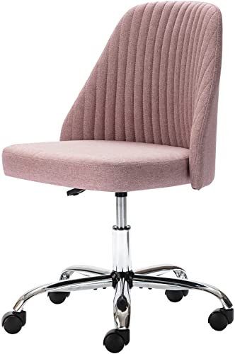 0750739845082 - HOME OFFICE DESK CHAIR, MODERN ADJUSTABLE LOW BACK ROLLING CHAIR TWILL FABRIC UPHOLSTERED CHAIR ARMLESS CUTE CHAIR WITH WHEELS FOR BEDROOM, CLASSROOM, AND VANITY ROOM (ROSE PINK)