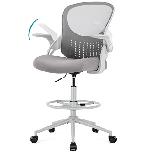 0750739845235 - DRAFTING CHAIR TALL OFFICE CHAIR, TALL STANDING DESK CHAIR COUNTER HEIGHT TALL ADJUSTABLE OFFICE CHAIR WITH FLIP-UP ARMS/WHEELS, MID BACK MESH OFFICE DRAFTING CHAIRS FOR STANDING DESK, GREY