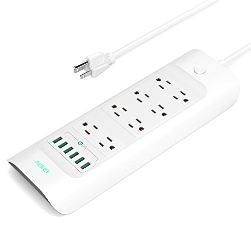 0751570332120 - AUKEY 4320J SURGE PROTECTOR 6-PORT 30W/6A USB CHARGER WITH 8 OUTLETS POWER STRIP & 5FT CORD FOR IPHONE, IPAD, TABLETS AND MORE