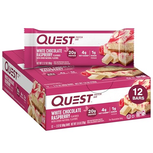 0751784627241 - QUEST NUTRITION WHITE CHOCOLATE RASPBERRY PROTEIN BARS, HIGH PROTEIN, LOW CARB, GLUTEN FREE, KETO FRIENDLY, 12 COUNT