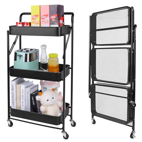 0752010814398 - SAGLORB 3 TIER FOLDABLE METAL UTILITY CART ORGANIZER WITH WHEELS, FOLDING ROLLING CART COLLAPSIBLE ROLLING STORAGE CART FOR LAUNDRY ROOM, OFFICE, KITCHEN (BLACK)
