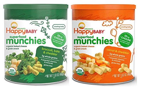 0752454681143 - HAPPY BABY SUPERFOOD MUNCHIES ORGANIC BAKED SNACK 2 FLAVOR SAMPLER BUNDLE: BROCCOLI, KALE & CHEDDAR, AND ORGANIC CHEDDAR CHEESE WITH CARROT, 1.63 OZ. EA.