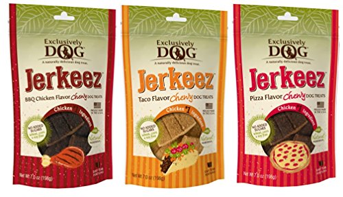 0752454681150 - EXCLUSIVELY DOG JERKEEZ NATURAL WHEAT FREE CHEWY CHICKEN DOG TREATS 3 FLAVOR VARIETY BUNDLE: BBQ CHICKEN FLAVOR TREATS, TACO FLAVOR TREATS, AND PIZZA FLAVOR TREATS, 7 OZ. EA. (3 BAGS TOT)