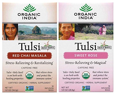0752454682386 - ORGANIC INDIA TULSI ORGANIC NON-GMO CAFFEINE-FREE TEA 2 FLAVOR VARIETY BUNDLE: ORGANIC RED CHAI MASALA TULSI TEA, AND ORGANIC SWEET ROSE TULSI TEA, 1.01-1.21 OZ. EA.