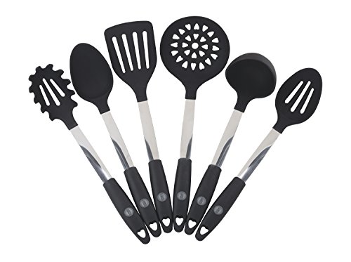 0752584700004 - OISHII KITCHEN UTENSIL SET - 6-PIECE HIGH QUALITY BLACK SILICONE & STAINLESS STEEL COOKING TOOLS - SPATULA, MIXING & SLOTTED SPOON, LADLE, PASTA SERVER, DRAINER