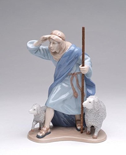 0752593563218 - 8.75 INCH SHEPHERD STATUE IN BLUE ROBE WITH STAFF AND TWO WHITE SHEEP
