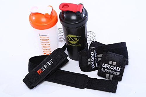 0752830228818 - ALPHA PRO NUTRITION BPA FREE SHAKER CUP, DEVELOPT PADDED LIFTING STRAPS UPLOAD WRIST WRAPS, DEVELOPT BPA FREE SHAKER CUP W STAINLESS STEEL WISK BALLS