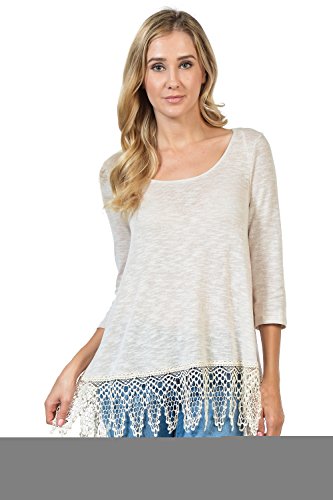 0753185110568 - WHITNEY87'S WOMEN'S 3/4 SLEEVE CREWNECK WITH LACE TRIM (FISM-WE002-TAUPE-L)