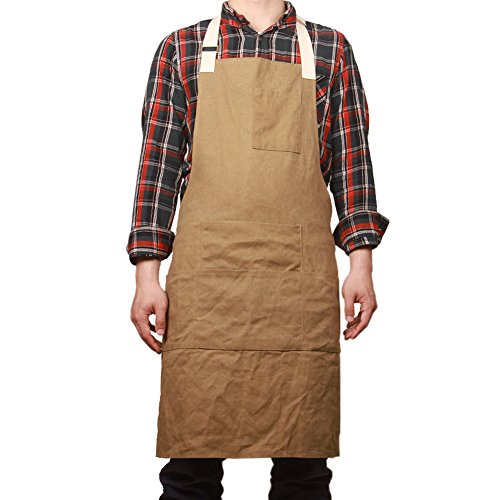 0753610589587 - UTILITY WAXED CANVAS WORK APRON BIB WITH SIX POCKETS WATERPROOF HEAVY DUTY MULTI-USE SHOP TOOL APRONS WQ03-1 (BROWN)