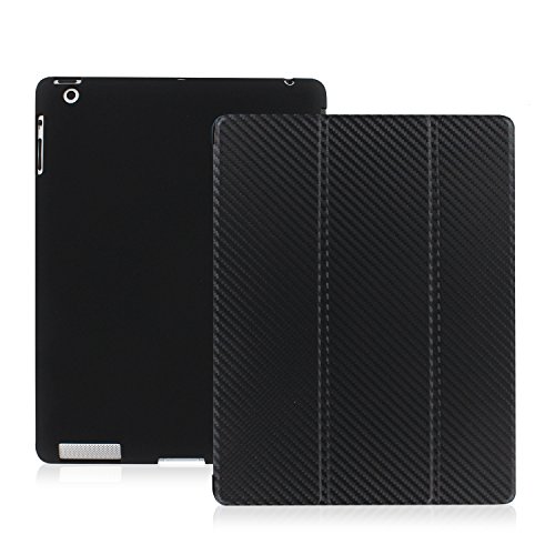 0753677505414 - KHOMO - DUAL CASE - SUPER SLIM CARBON FIBER COVER WITH RUBBERIZED BACK AND SMART FEATURE (BUILT-IN MAGNET FOR SLEEP / WAKE FEATURE) FOR APPLE IPAD 2 IPAD 3 & IPAD 4