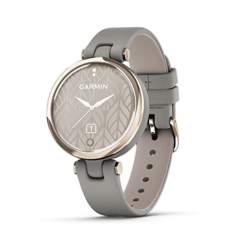 0753759270384 - GARMIN LILY™ STYLISH SMALL SMARTWATCH, BRIGHT TOUCHSCREEN DISPLAY AND PATTERNED LENS, CREAM GOLD AND GREY, LEATHER BAND