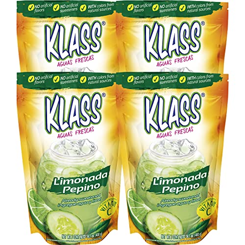 0754177849343 - KLASS AGUAS FRESCAS CUCUMBER-LIMEADE DRINK MIX, FLAVORS & COLORS FROM NATURAL SOURCES NO ARTIFICIAL FLAVORS, NO ARTIFICIAL SWEETENERS (MAKES 7 TO 9 QUARTS) 14.1 OZ FAMILY PACK (4-PACK)