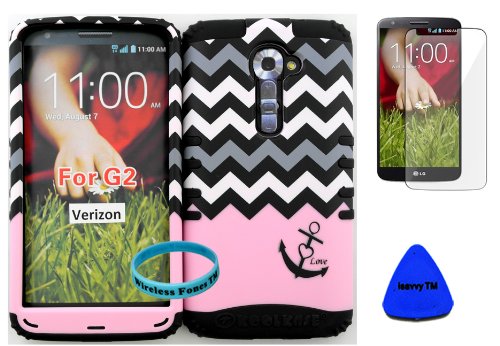0754235184546 - WIRELESS FONES TM HIGH IMPACT HYBRID ROCKER CASE FOR LG G2 VS980(VERIZON ONLY) HARD BABY PINK BLOCK CHEVRON WITH TINY ANCHOR DESIGN ON BLACK SILICONE WITH SCREEN PROTECTOR, ISAVVY PRY TOOL & WRIST BAND
