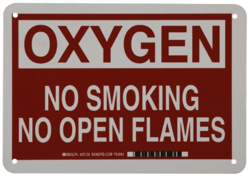 0754473251383 - BRADY 25138 10 WIDTH X 7 HEIGHT B-401 PLASTIC, WHITE ON RED CHEMICAL AND HAZARDOUS MATERIALS SIGN, HEADER OXYGEN, LEGEND NO SMOKING NO OPEN FLAMES
