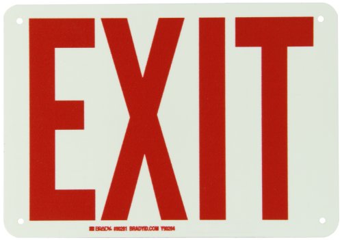 0754473802813 - BRADY 80281 7 HEIGHT, 10 WIDTH, B-347 PLASTIC, RED ON WHITE COLOR GLOW-IN-THE-DARK EXIT AND DIRECTIONAL SIGN, LEGEND EXIT