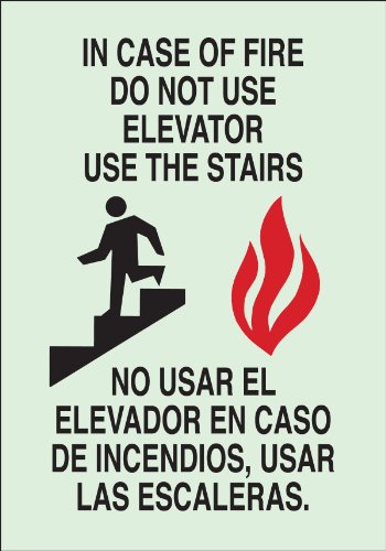 0754473906337 - BRADY 90633 GLOW-IN-THE-DARK PLASTIC GLOW-IN-THE-DARK EXIT & DIRECTIONAL SIGN, 10 X 7, LEGEND IN CASE OF FIRE DO NOT USE ELEVATOR USE THE STAIRS/EN CASO DE INCENDIO NO USE EL ELEVADOR USE LAS ESCALERAS (WITH PICTO)
