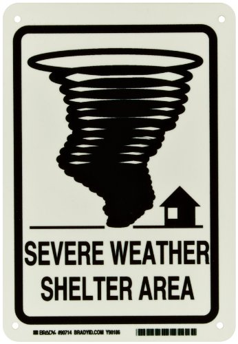 0754473907143 - BRADY 90714 10 HEIGHT, 7 WIDTH, B-347 PLASTIC BLACK ON GREEN COLOR GLOW-IN-THE-DARK EXIT AND DIRECTIONAL SIGN, LEGEND SEVERE WEATHER SHELTER AREA (WITH TORNADO PICTO)