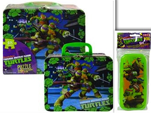 0754769510576 - TEENAGE MUTANT NINJA TURTLES LUNCH & BACK TO SCHOOL BUNDLE - 2 ITEMS: 48 PIECE PUZZLE IN A 3D MOLDED TIN LUNCH BOX & DURABLE REUSEABLE PORTABLE FLATWARE GO PAK